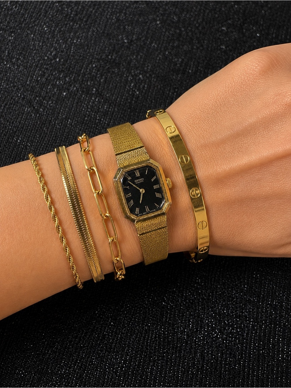 Vintage Seiko Gold-Tone Octagonal Watch with Black Dial